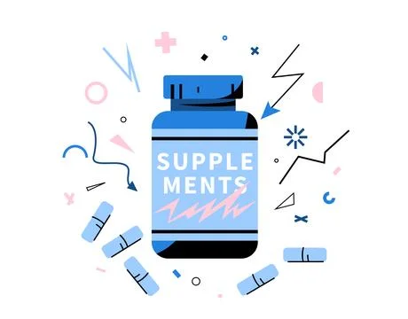 Supplement bottle, capsules vector illustration. Blue supplement jar with l.. イラスト素材