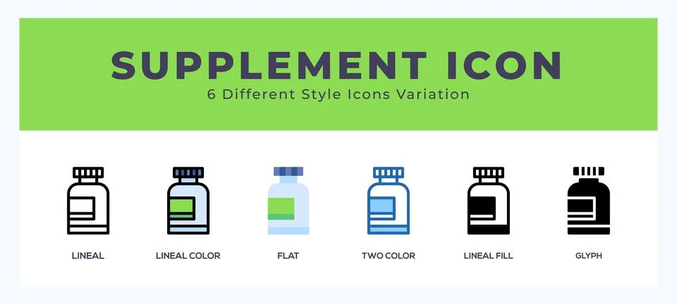 Supplement icon set with different styles. Design elements for logo. Vector.. Illustrazione stock