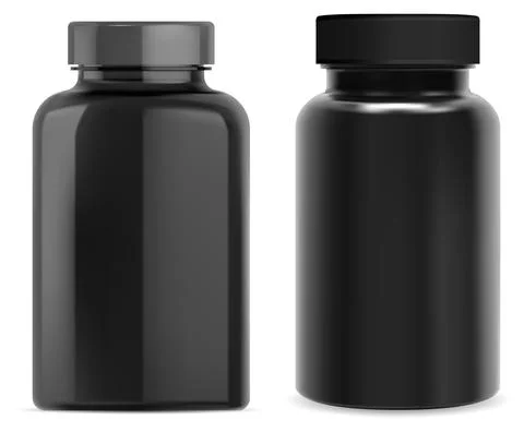 Supplement pill bottle. Black plastic vitamin jar Stock Illustration