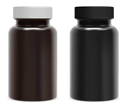 Supplement pill bottle. Brown amd black glossy jar Illustrazione stock
