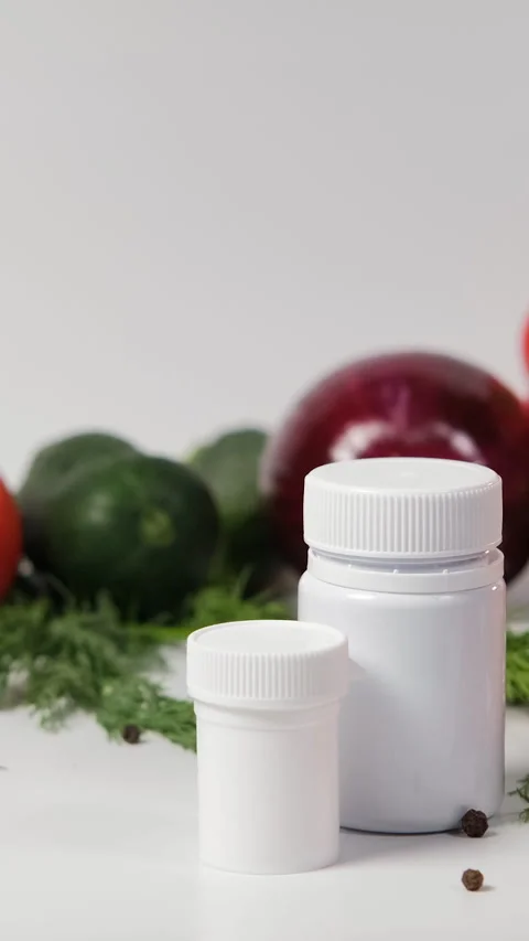 Supplements beside fresh vegetables on table Stock Footage 318314950