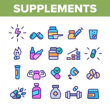 Supplements Collection Elements Icons Color Set Vector Illustrazione stock