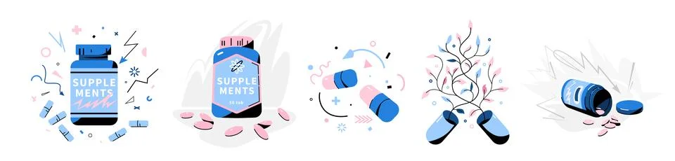 Supplements concept vector illustration set. Energy capsules, nutrition bot.. Stock Illustration