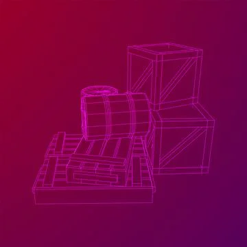 Supplies cargo concept. Pile boxes and barrels. Wireframe low poly mesh Illustrazione stock