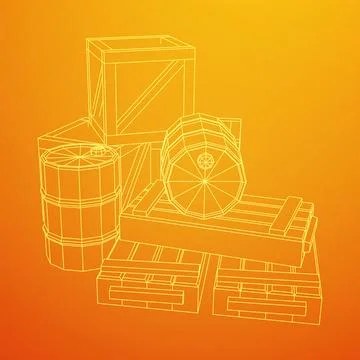Supplies cargo concept. Pile boxes and barrels. Wireframe low poly mesh Stock Illustration