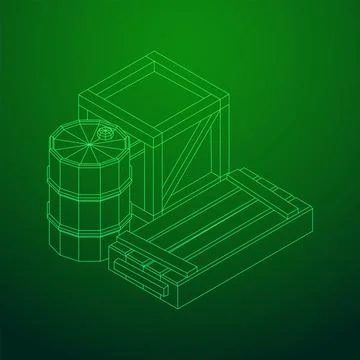 Supplies cargo concept. Pile boxes and barrels. Wireframe low poly mesh Illustrazione stock