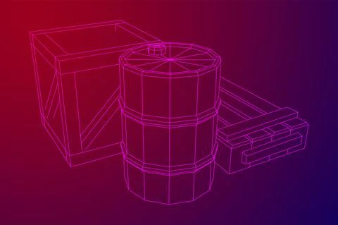 Supplies cargo concept. Pile boxes and barrels. Wireframe low poly mesh Stock Illustration