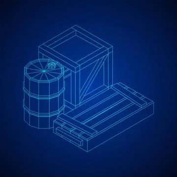 Supplies cargo concept. Pile boxes and barrels. Wireframe low poly mesh Illustrazione stock