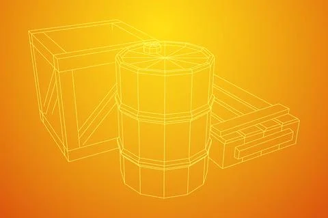 Supplies cargo concept. Pile boxes and barrels. Wireframe low poly mesh Illustrazione stock