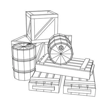 Supplies cargo concept. Pile boxes and barrels. Wireframe low poly mesh Illustrazione stock