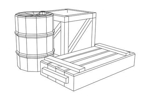 Supplies cargo concept. Pile boxes and barrels. Wireframe low poly mesh Stock Illustration