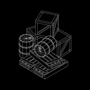 Supplies cargo concept. Pile boxes and barrels. Wireframe low poly mesh Stock Illustration
