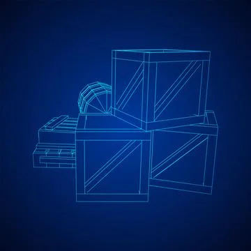 Supplies cargo concept. Pile boxes and barrels. Wireframe low poly mesh Stock Illustration