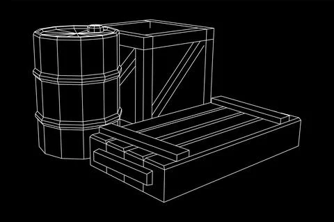 Supplies cargo concept. Pile boxes and barrels. Wireframe low poly mesh Stock Illustration