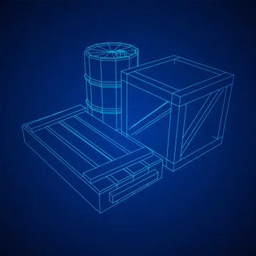 Supplies cargo concept. Pile boxes and barrels. Wireframe low poly mesh Illustrazione stock