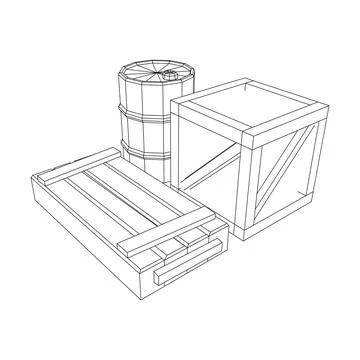 Supplies cargo concept. Pile boxes and barrels. Wireframe low poly mesh Stock Illustration