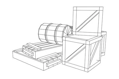 Supplies cargo concept. Pile boxes and barrels. Wireframe low poly mesh Stock Illustration