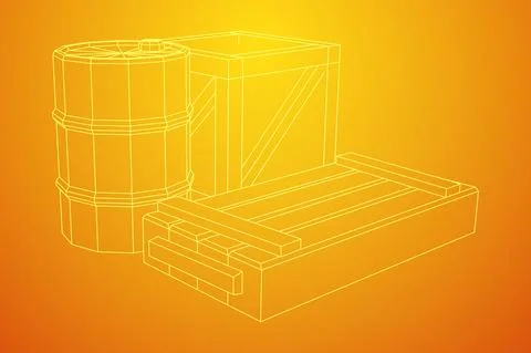 Supplies cargo concept. Pile boxes and barrels. Wireframe low poly mesh Illustrazione stock