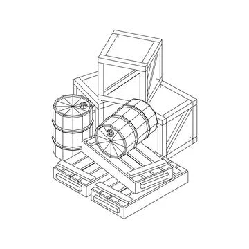 Supplies cargo concept. Pile boxes and barrels. Wireframe low poly mesh Stock Illustration