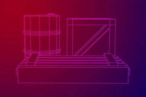 Supplies cargo concept. Pile boxes and barrels. Wireframe low poly mesh Stock Illustration