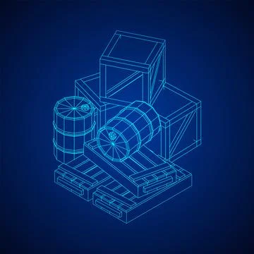 Supplies cargo concept. Pile boxes and barrels. Wireframe low poly mesh Illustrazione stock
