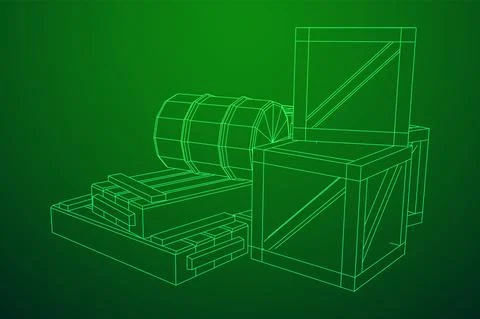 Supplies cargo concept. Pile boxes and barrels. Wireframe low poly mesh Illustrazione stock