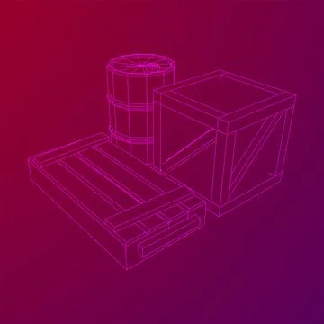 Supplies cargo concept. Pile boxes and barrels. Wireframe low poly mesh Illustrazione stock