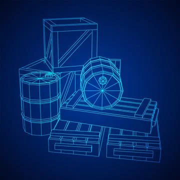 Supplies cargo concept. Pile boxes and barrels. Wireframe low poly mesh Stock Illustration