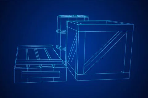 Supplies cargo concept. Pile boxes and barrels. Wireframe low poly mesh Stock Illustration