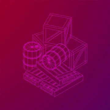 Supplies cargo concept. Pile boxes and barrels. Wireframe low poly mesh Stock Illustration