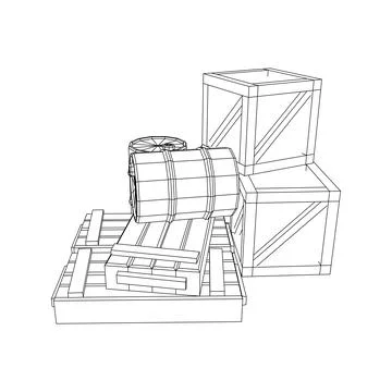 Supplies cargo concept. Pile boxes and barrels. Wireframe low poly mesh Stock Illustration