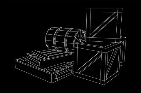 Supplies cargo concept. Pile boxes and barrels. Wireframe low poly mesh Stock Illustration