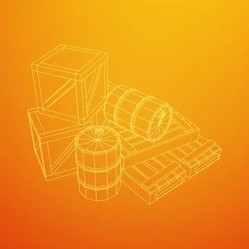 Supplies cargo concept. Pile boxes and barrels. Wireframe low poly mesh Stock Illustration