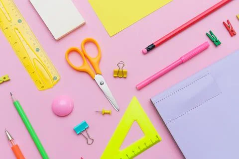 Supplies creative tools for school creative work on pink background 스톡 사진