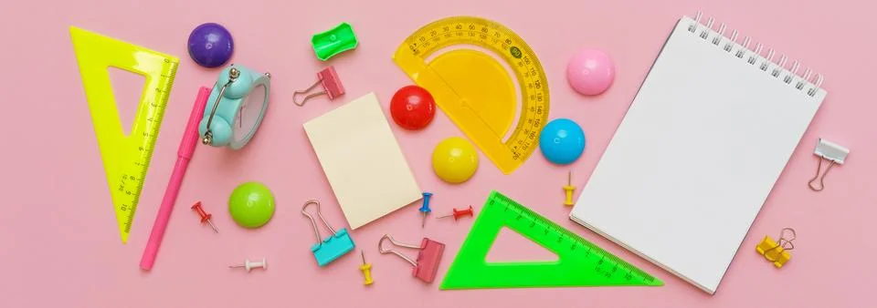 Supplies creative tools for school creative work on pink background Stock Photos