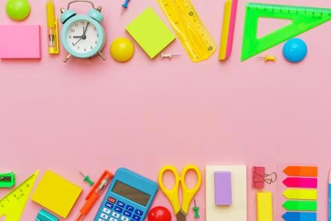 Supplies creative tools for school creative work on pink background stationer Stock Photos