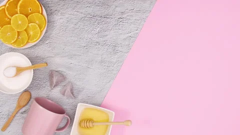 Supplies for making tea move on left side of pink theme. Stop motion 動画素材 147065281