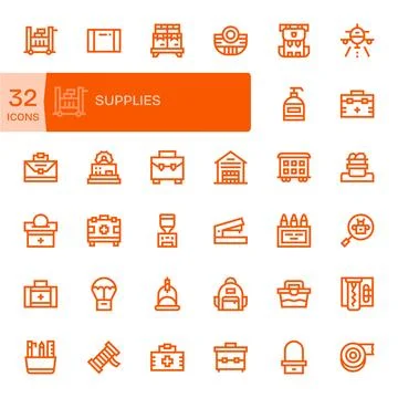 Supplies Vector Icon Set with 32 Bold Line 64x64 Display Perfect Graphics Stock Illustration