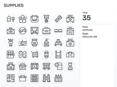 Supplies Visual Pack containing 35 Regular Line Grid Fitted Vector Icons Stock Illustration