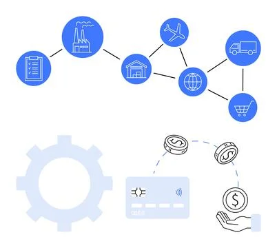 Supply Chain and Payment Process Visualization Featuring Icons of Logistics.. Stock Illustration
