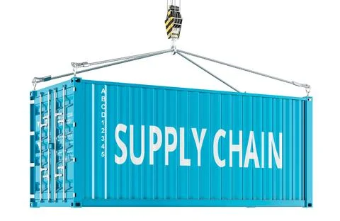 Supply Chain concept with shipping container suspended by crane hook. 3D re.. Stock Illustration