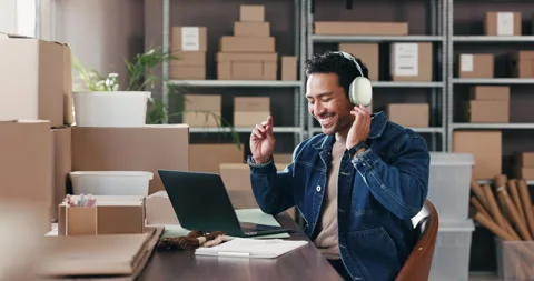 Supply chain, dance and man with headphones for logistics, shipping and Stock Footage 321461059