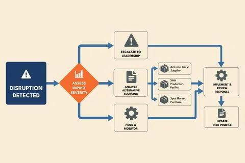 Supply Chain Disruption Flowchart Managing Sourcing and Escalation Stock Illustration