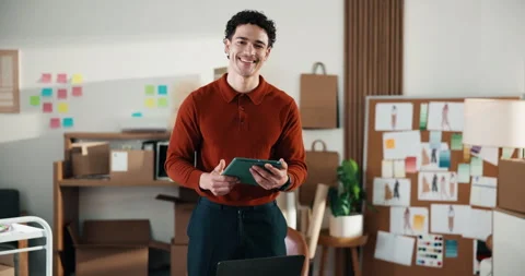 Supply chain, face and happy man with tablet in startup, laugh and checking Stock Footage 346210500