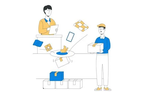 Supply chain harmony shows two individuals managing inventory and handling .. Illustration