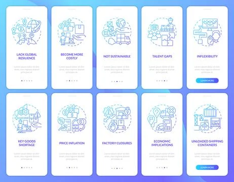 Supply chain issues maintain blue gradient onboarding mobile app screens set Stock Illustration
