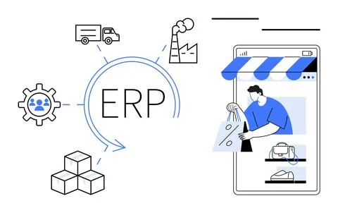 Supply chain management, e-commerce solutions, business operations, manufactu Stock Illustration