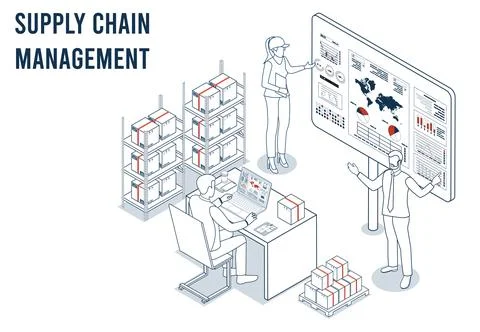 Supply Chain Management SCM Coordinated delivery of goods or services via i.. Stock Illustration