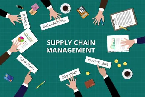 Supply chain management team work together on top of table Stock Illustration