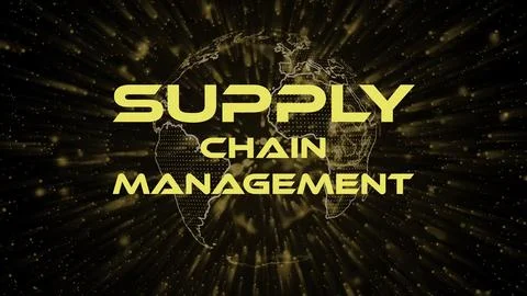 Supply Chain Management text concept on si-fi particles background. Dot par.. Stock Illustration